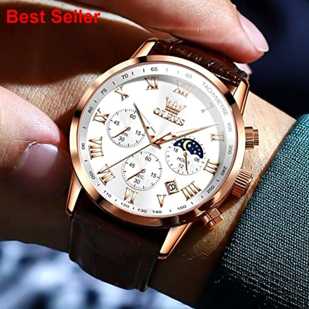 Leather Watch with Date Luminous Dial Stainless Steel Case